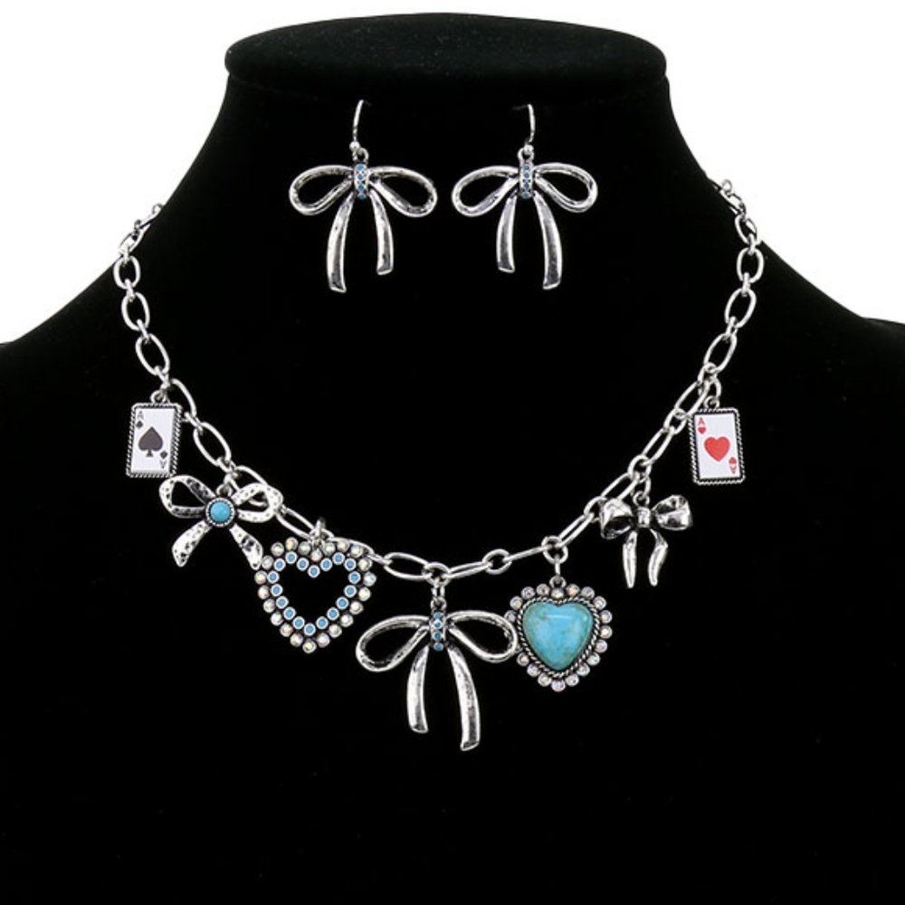 Western Heart Bow Card Charm Station Necklace